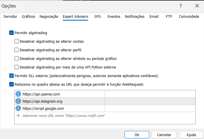 Tela de Opções do MT5 mostrando as URLs liberadas para WebRequest