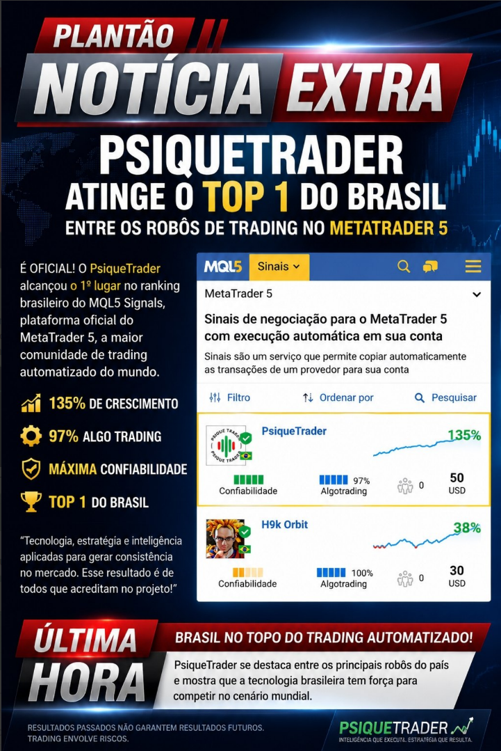 PsiqueTrader atinge o TOP 1 do Brasil entre os robôs de trading no MetaTrader 5, segundo o ranking do MQL5 Signals